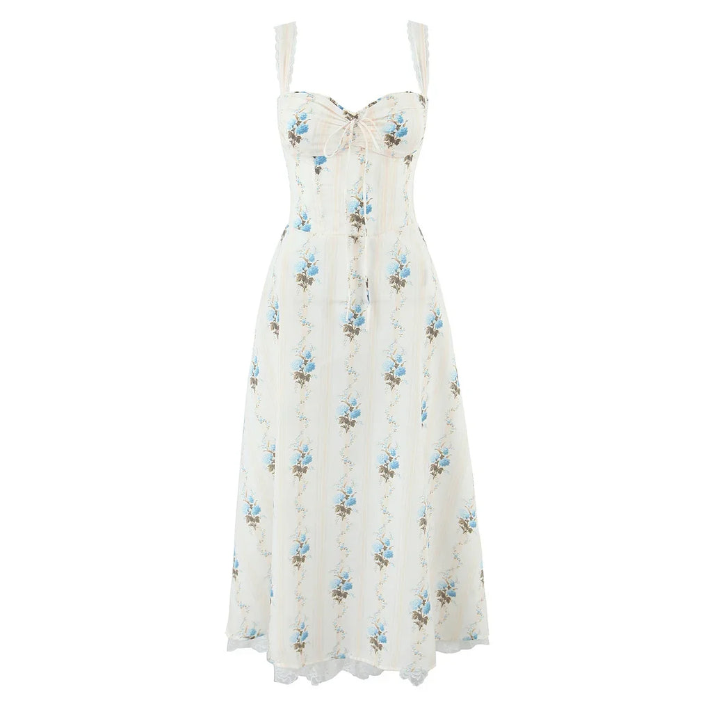 YENKYE New Fashion Women A-line Midi Elegant Party Dresses Sexy Wide Straps Lace Spliced Holiday Summer Floral Print Dress 2025
