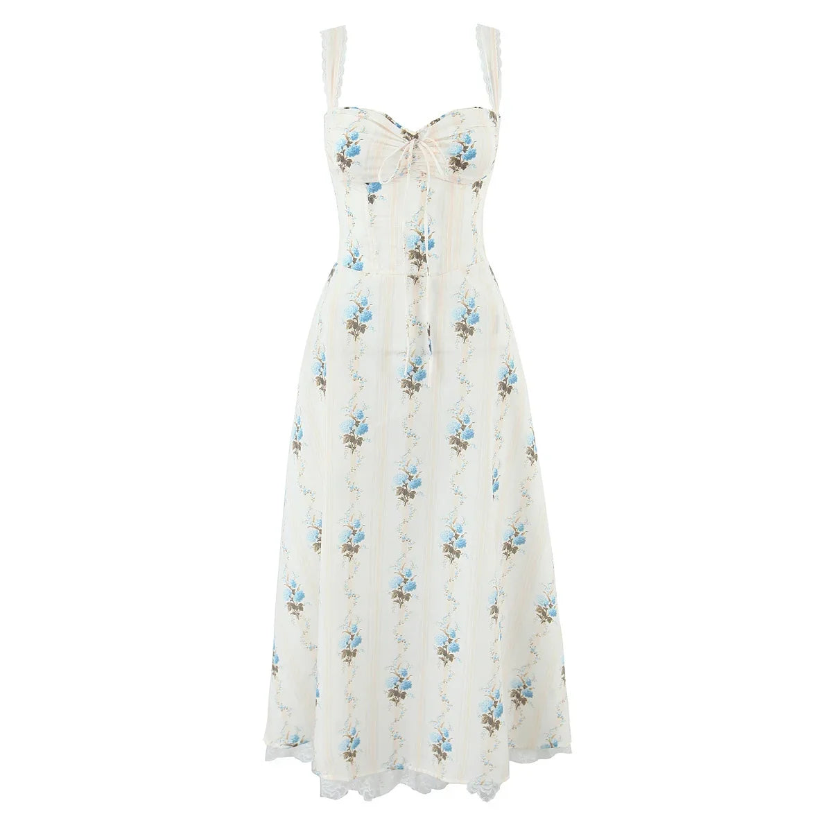 YENKYE New Fashion Women A-line Midi Elegant Party Dresses Sexy Wide Straps Lace Spliced Holiday Summer Floral Print Dress 2025