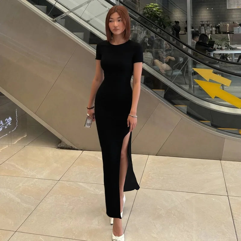 Cryptographic Round Neck Short Sleeve Sexy Bodycon Long Dress Summer Outfits for Women Casual Split Black Dresses Solid Clothes