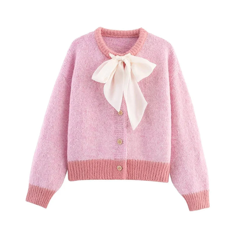 YENKYE 2025 Women Single Breasted Bow Knit Cardigan Long Sleeve O Neck Casual Autumn Outerwear Short Coat