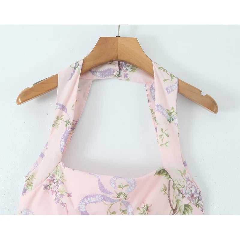 YENKYE Pink Floral Print Sexy Backless Sleeveless Dress Women Low Waist Sexy Slit A-line Midi Long Holiday Summer Dresses 2025
