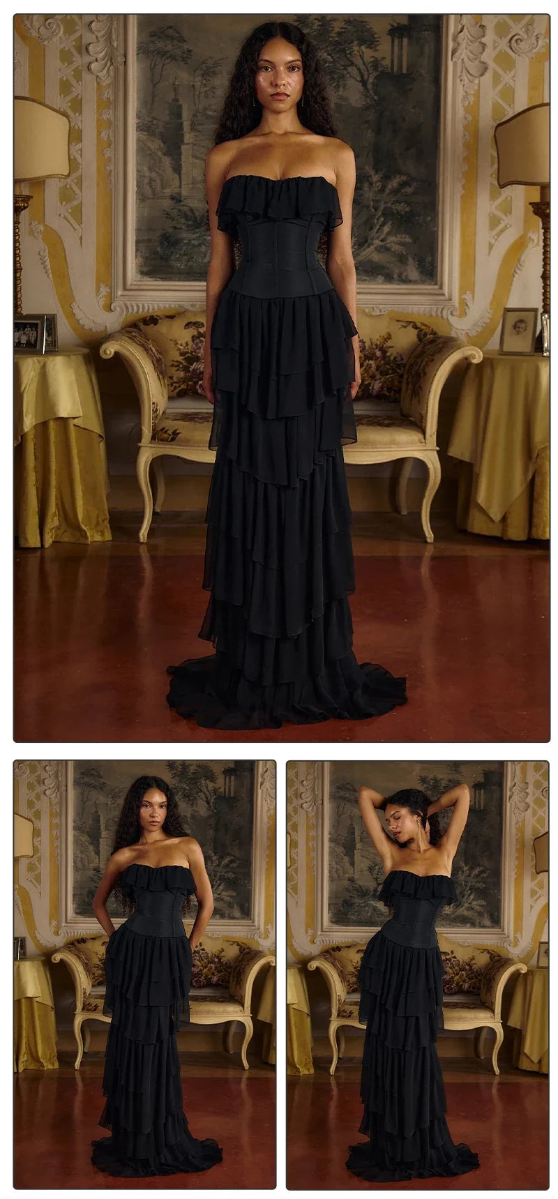 VC Sets For Women 2 Pieces Elegant And Pretty Lace-Up Corset And Slash Neck Long Cake Dress Set Chiffon Female Clothing