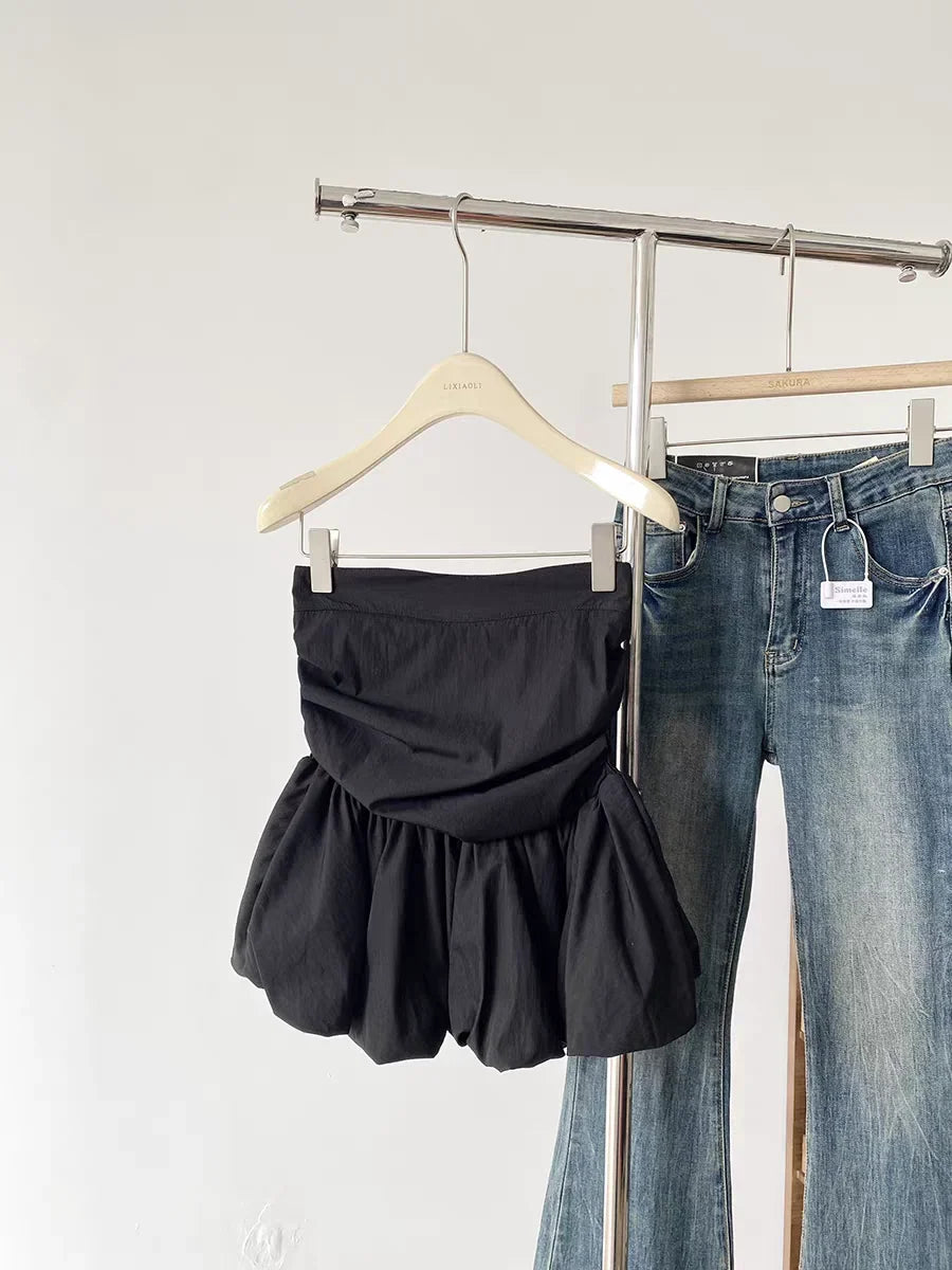 Ruffle Peplum Tube Cami Top: Waist-Cinching Sleeveless Crop Top Korean Style Chic Summer 2025 Bandeau For Petite Girl