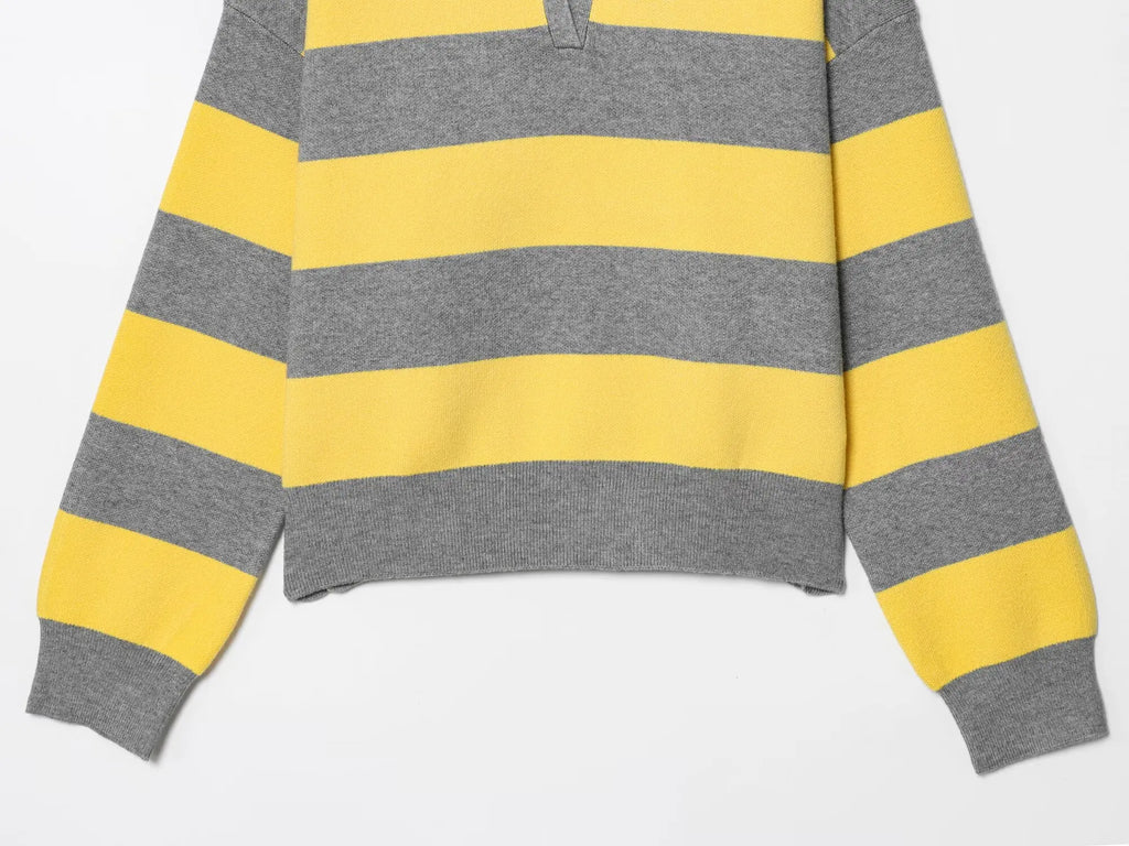 YENKYE 2025 Women Striped Knit Polo Neck Sweater Long Sleeve Casual Loose Autumn Pullover Tops