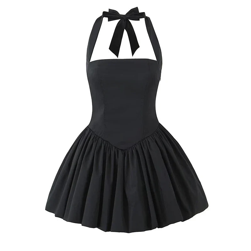 YENKYE Sexy Backless Pleated Hem Halter Ball Gown Dress Women Lace Up Back White Black Elegant Party Mini Dresses Summer Robe