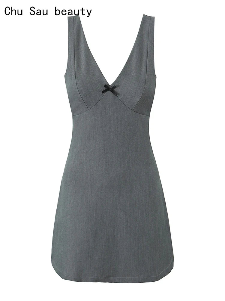 2024 Women Summer Vintage Slim Solid Mini Dress Fashion V-Neck  Sleeveless Backless Female Party Casual Chic Dresses Vestidos