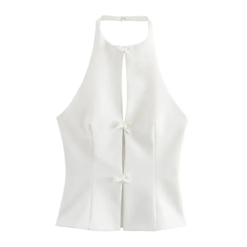 Tuularose Bow Backless Vest Women Summer Sleeveless Halter Hollow Top Elegant Slim Skirt New Y2k Female Tanks  Short Top Office