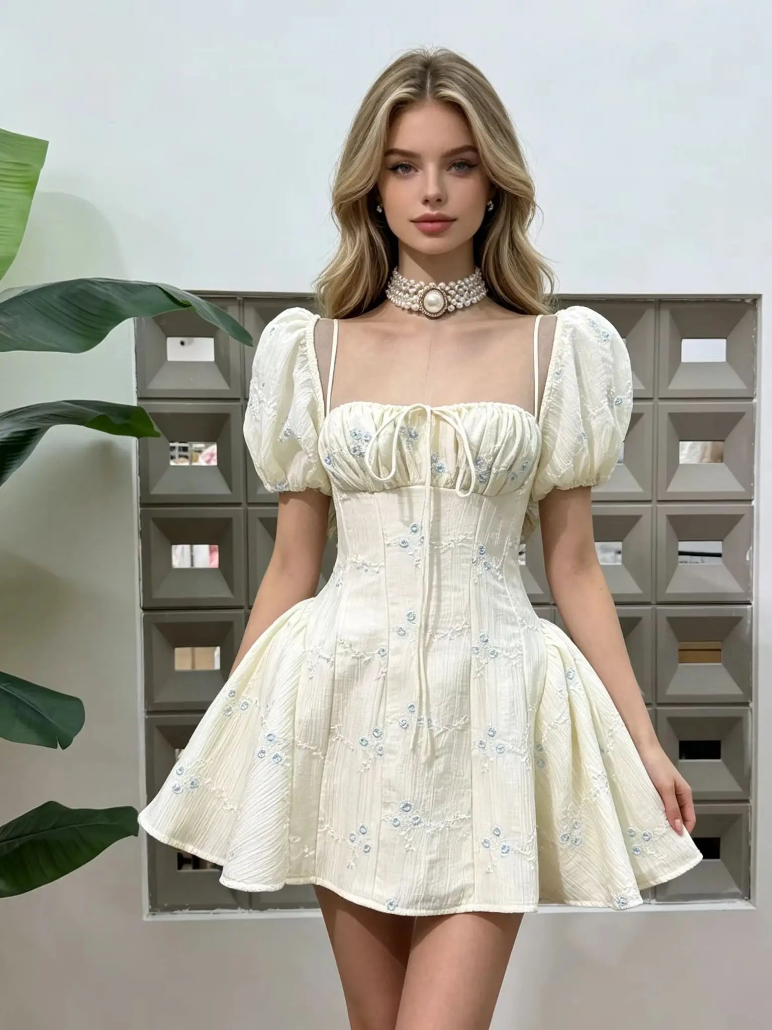 Summer Puff Sleeve Square Neck Corset Mini Dress Floral Embroidery A Line Sexy Party Homecoming Cocktail Women Casual Dresses