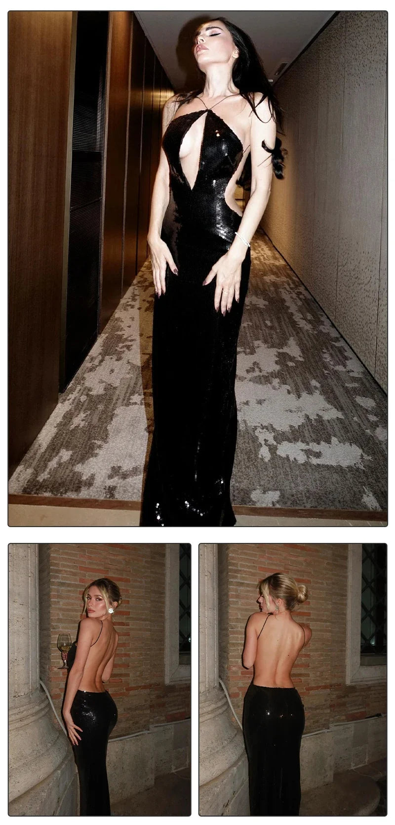 VC Women'S Gold Sequins Luxury Party Gown Sexy Backless  Long Dress For Wedding Banquet Party Female Clothing