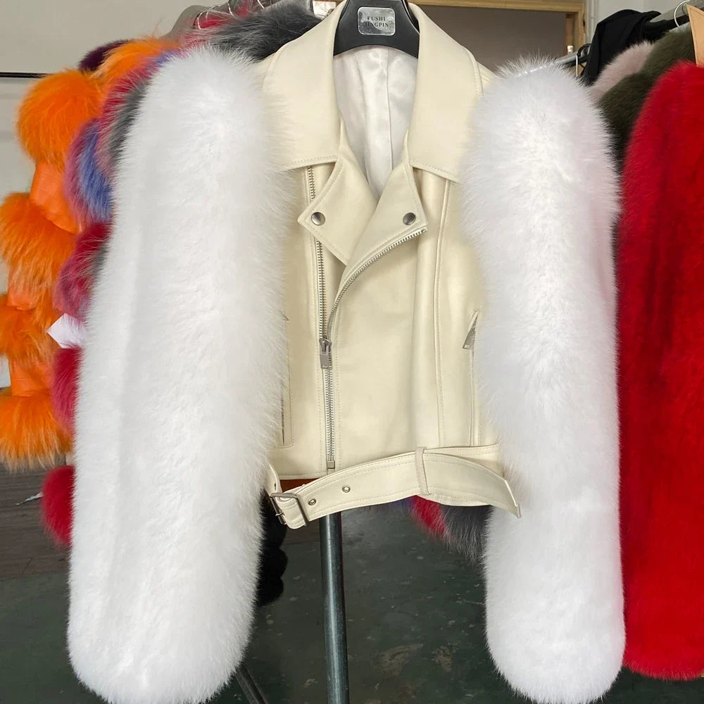 Women Leather Jacket Fur Sleeve Lady Jackets Leather Fur Fox Sleeve Ladies Biker Jacket Leather with Real Fur Sleeve 952-36