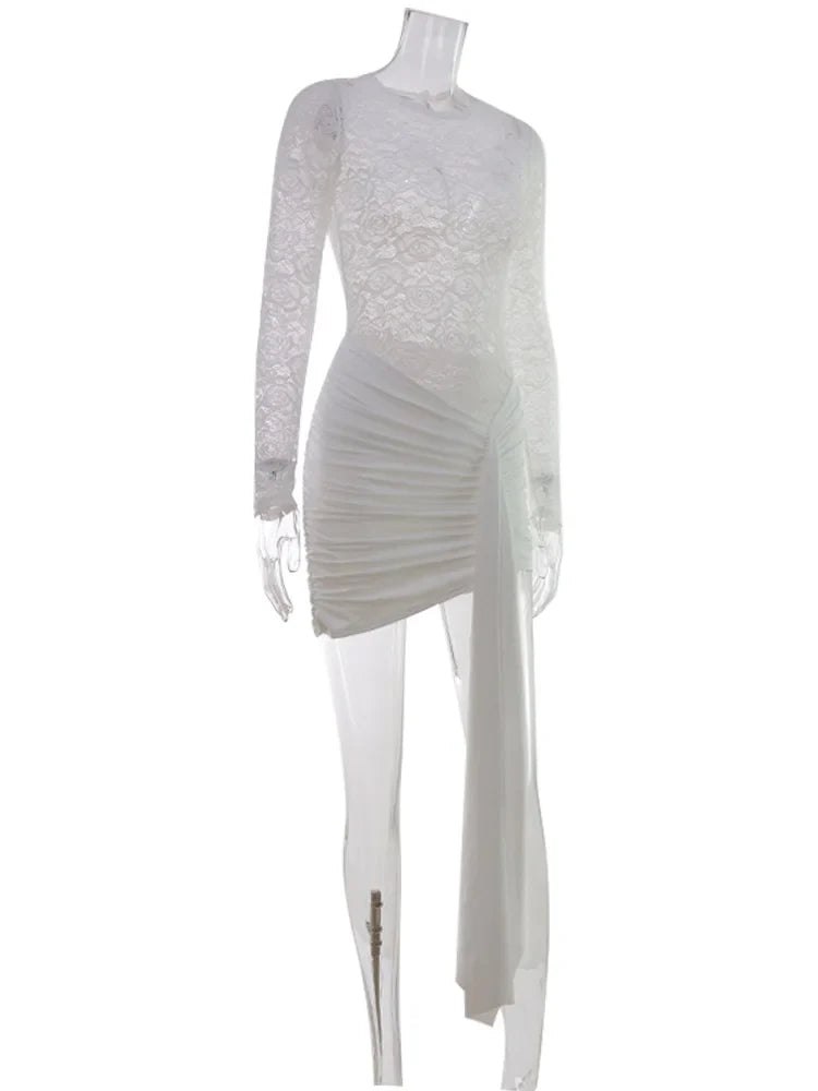 CNYISHE Lace Sheer Bodycon Sexy Club Women Dresses Solid Hip Wrap Fitness Skinny Trendy O Neck Long Sleeve Female Streetwear
