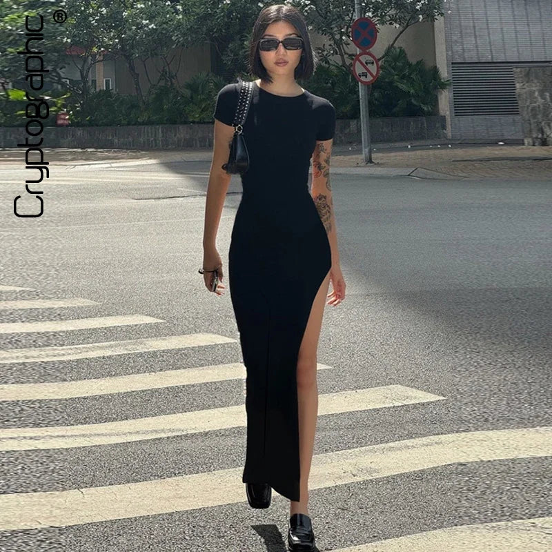 Cryptographic Round Neck Short Sleeve Sexy Bodycon Long Dress Summer Outfits for Women Casual Split Black Dresses Solid Clothes
