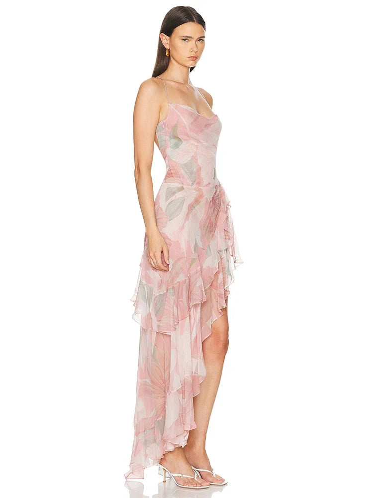Summer Sexy Spaghetti Strap Printed Ruffles Long Dress Women Pink Sleeveless Backless Flower Dresses Holiday Party Sundress