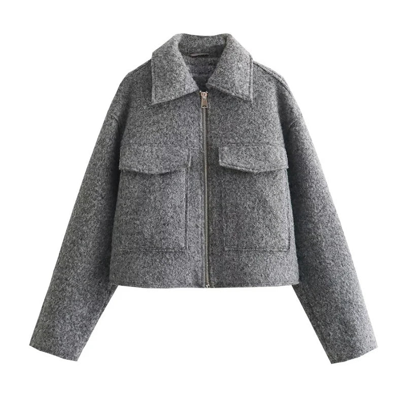 2024 Women's Elegant Solid Coat Zipper Long Sleeve Pocket Bomber Jacket Female Casual Soft Woolen Loose Streetwear Coats