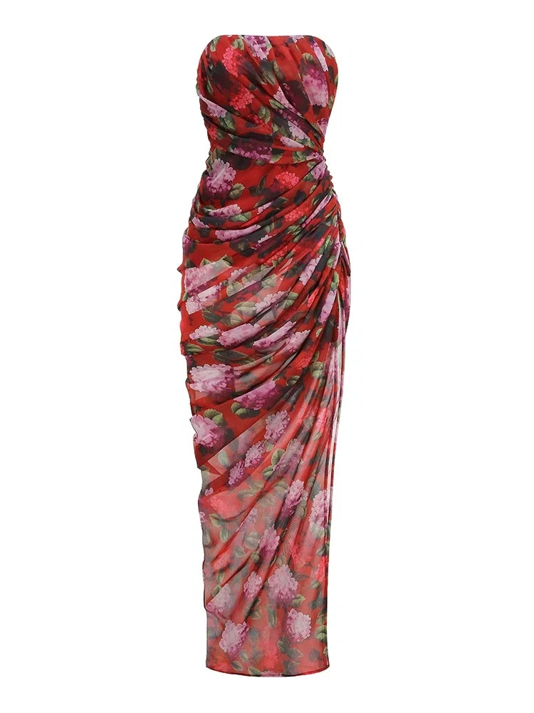 Sexy Strapless Printing Ruched Design Side Split Long Dress Women Sleeveless Printed Fods Slim Dresses Evening Party Nightclub