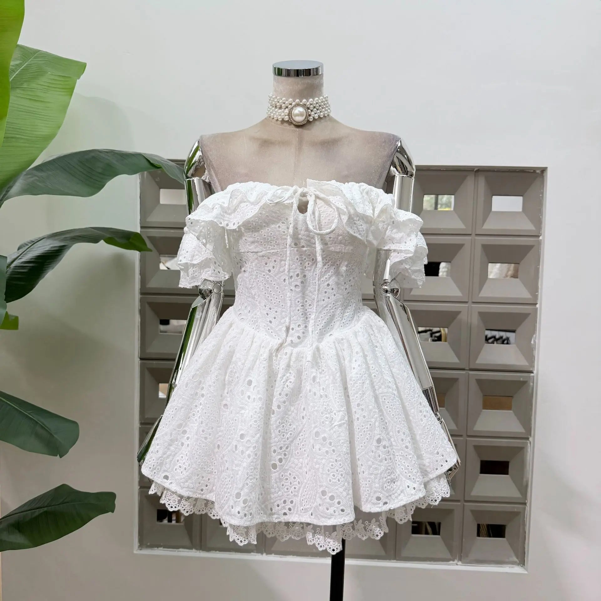 New Dresses For Women Eyelet Embroidery Corset Dress Ruffle Off Shoulder Tie Waist Summer Party Gowns Outfit With Shorts Vestido