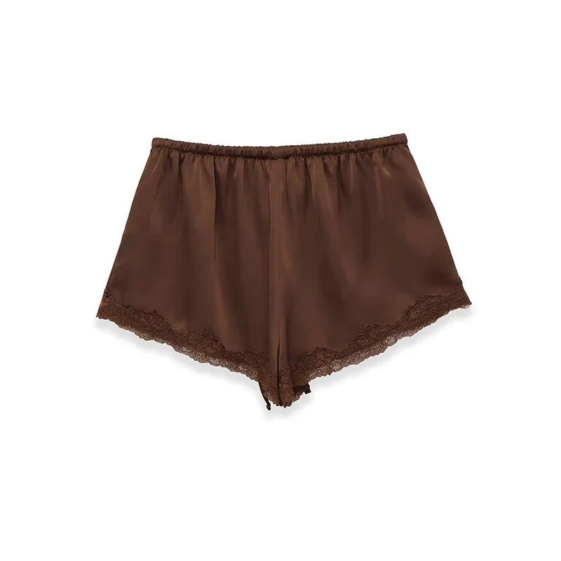 YENKYE New 2026 Women Lace Trim Satin Mini Shorts Elastic Waist With Drawstring Casual Summer Shorts