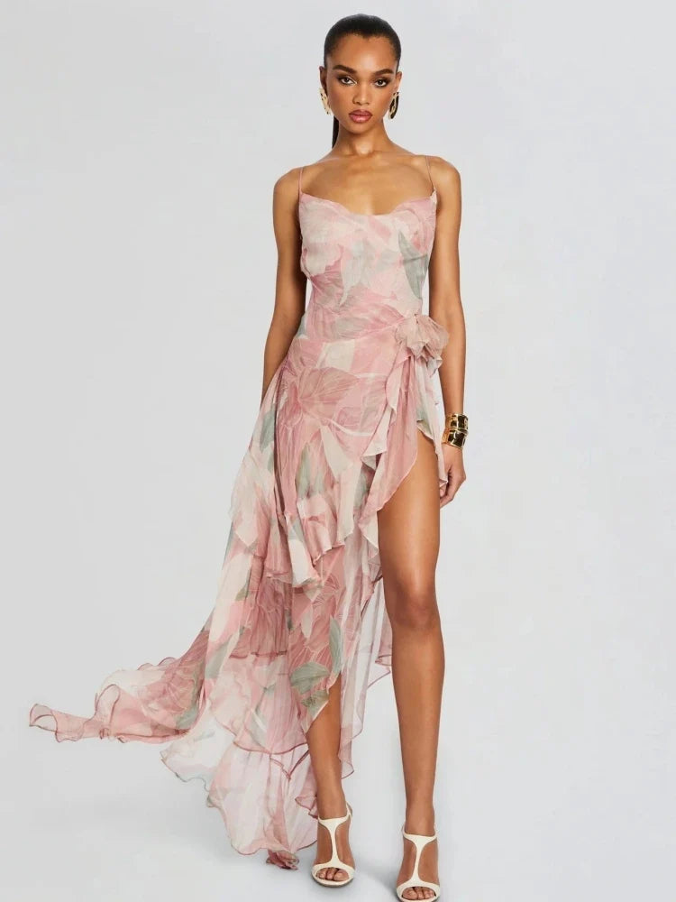 Summer Sexy Spaghetti Strap Printed Ruffles Long Dress Women Pink Sleeveless Backless Flower Dresses Holiday Party Sundress
