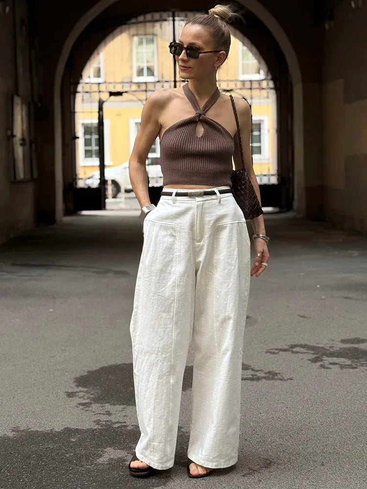 White Cotton Linen Pants Women Wide Leg Formal Trousers Summer Straight Leg Suit Pants High Waist Ladies Formal Pants Loose