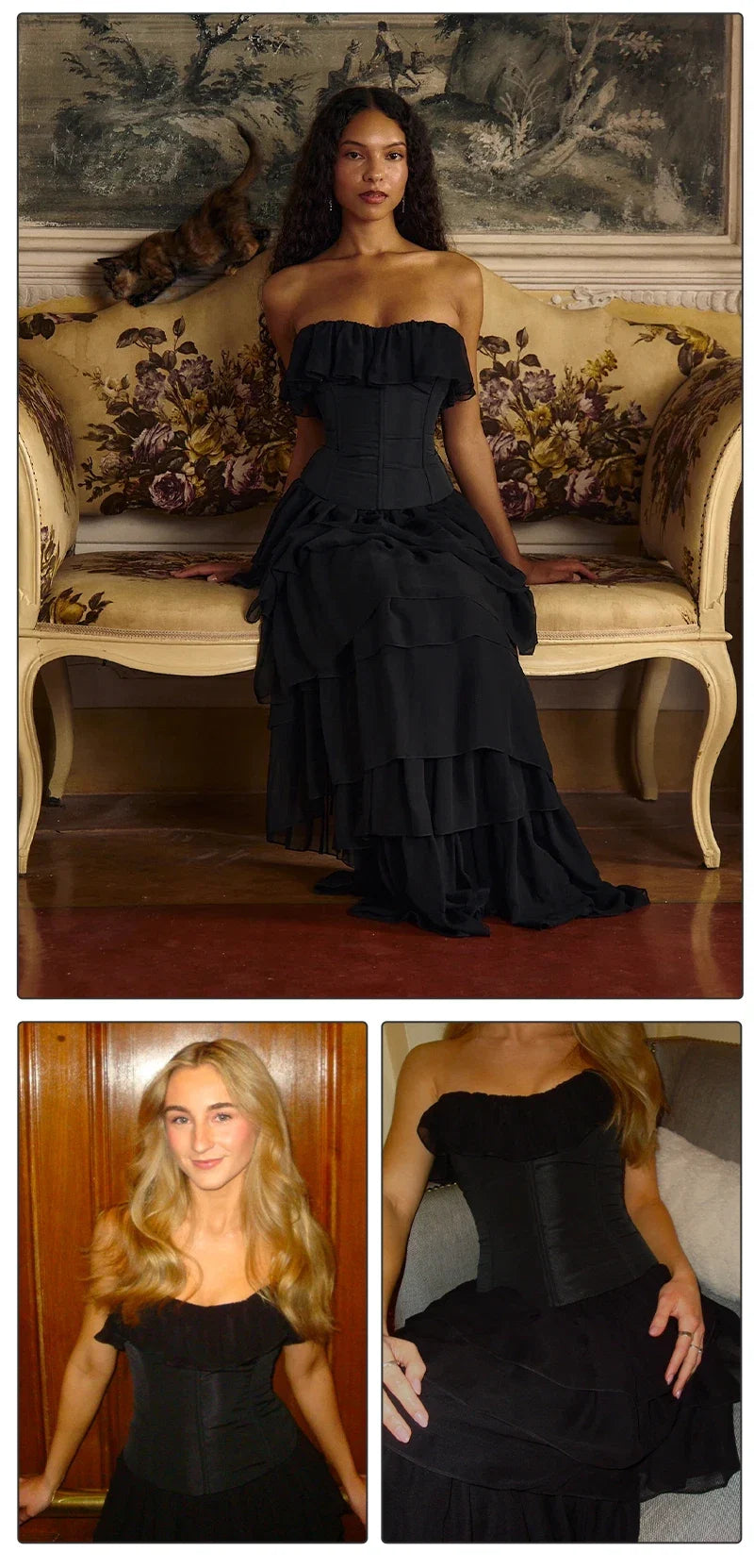 VC Sets For Women 2 Pieces Elegant And Pretty Lace-Up Corset And Slash Neck Long Cake Dress Set Chiffon Female Clothing