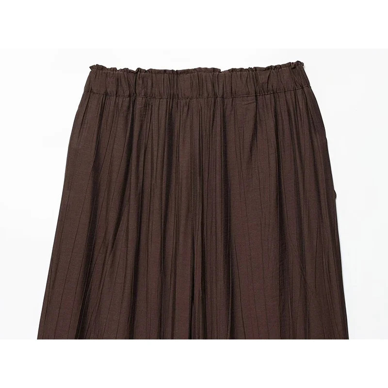 YENKYE Drawstring Elastic High Waist Brown Wide Leg Pants For Women Casual Loose Trousers pantalones de mujer