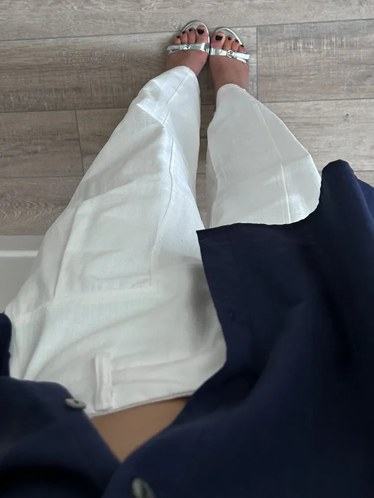 White Cotton Linen Pants Women Wide Leg Formal Trousers Summer Straight Leg Suit Pants High Waist Ladies Formal Pants Loose