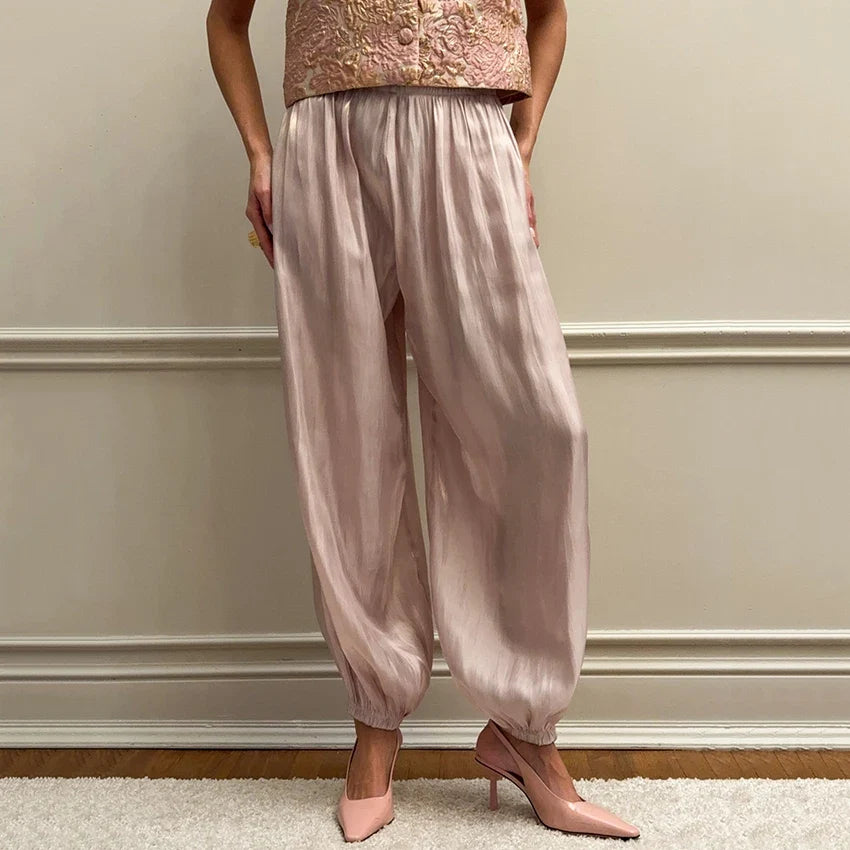 Linad Elegant Pink Crepe Loose Bloomers For Woman Street Chic Pleated Trousers Female Autumn Vintage High Waist Long Pants 2025