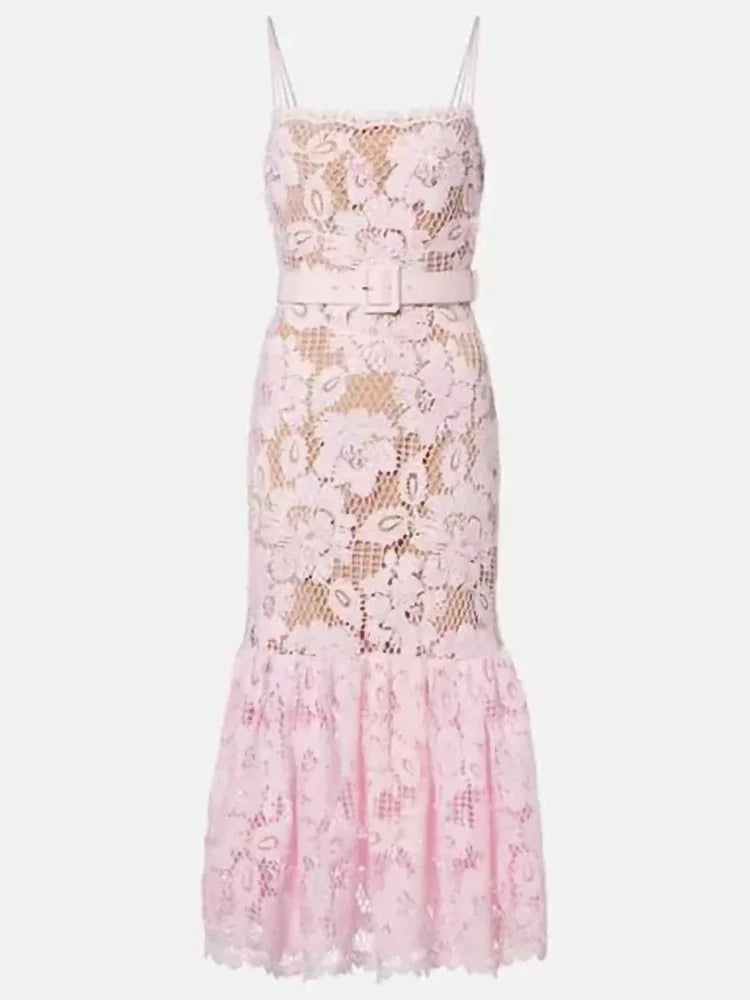Spring Summer New Fashion Pink Water-soluble Lace Slip Dress Women Temperament slim Sleeveless Robe With Belt Ladies 2026