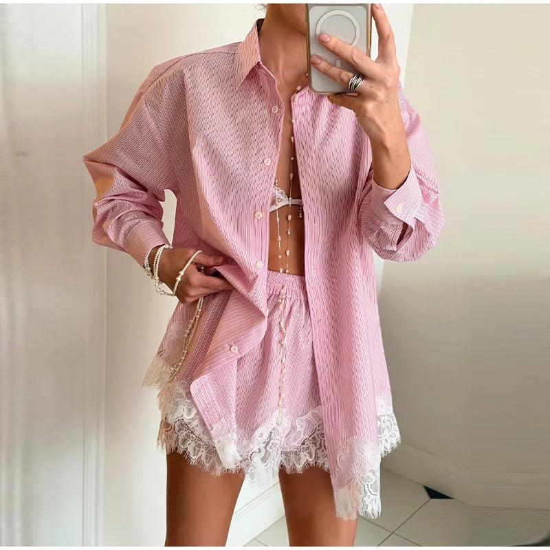 Beach Shirts Shorts Outfits Women Lapel Single Breasted Long Sleeves Lace Patchwork Sets Female 2026 Spring Summer Holiday Sets