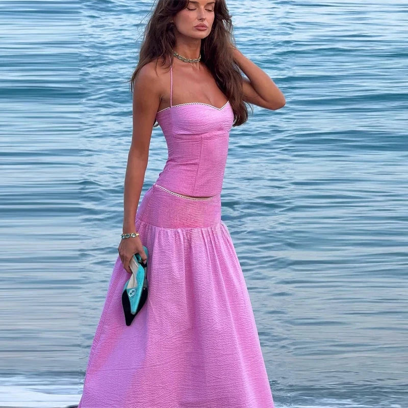 Sexy Sequins Cropped Top Long Skirt Sets Women Sleeveless Backless Lace Up Tank Slim Skirts 2026 Summer Beach Vacation Outfits