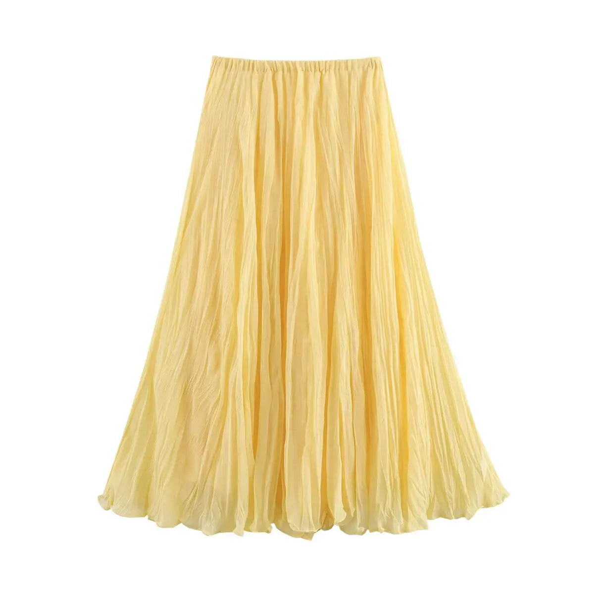 YENKYE Women Crinkle A-line Midi Butter Yellow Skirt Elastic Waist Spring Summer Holiday Elegant Skirts New 2025 faldas mujer