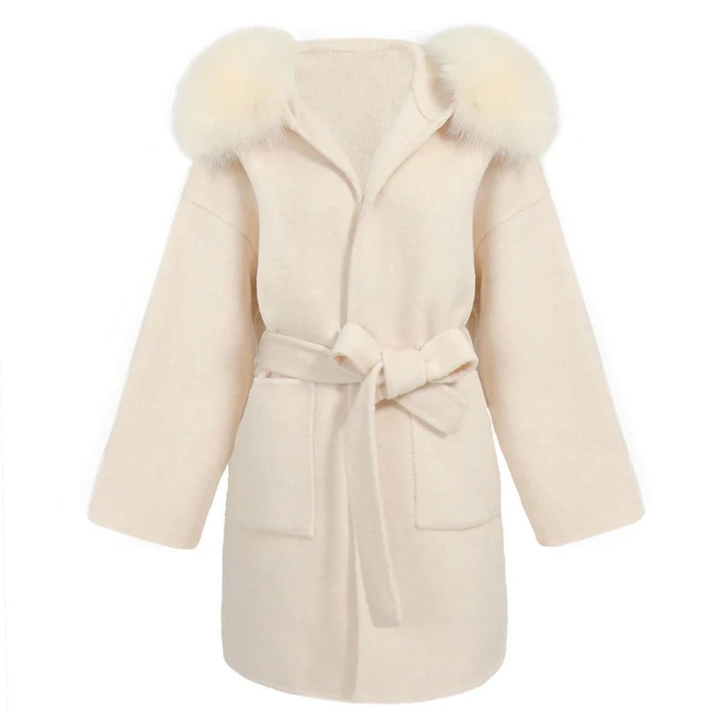 Jaxmonoy Women's Wool & Blends Coat With Real Fox Fur Ladies Autumn Winter Fashion Warm Loose Jacket with Hooded New in Outwear