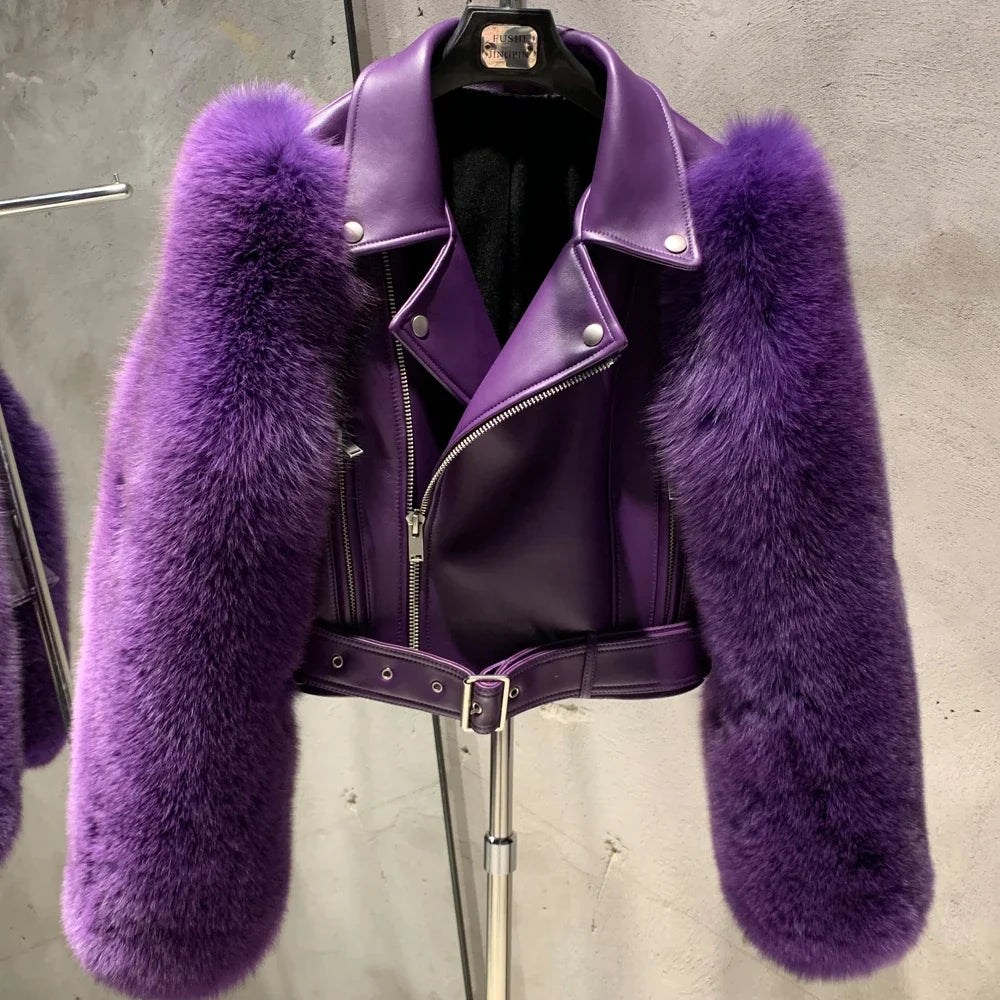 Women Leather Jacket Fur Sleeve Lady Jackets Leather Fur Fox Sleeve Ladies Biker Jacket Leather with Real Fur Sleeve 952-36