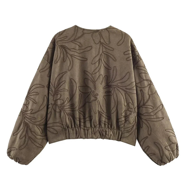 YENKYE 2025 Women Faux Suede Embroidery Bomber Jacket Vintage Long Sleeve O Neck Loose Outerwear Short Autumn Winter Coat