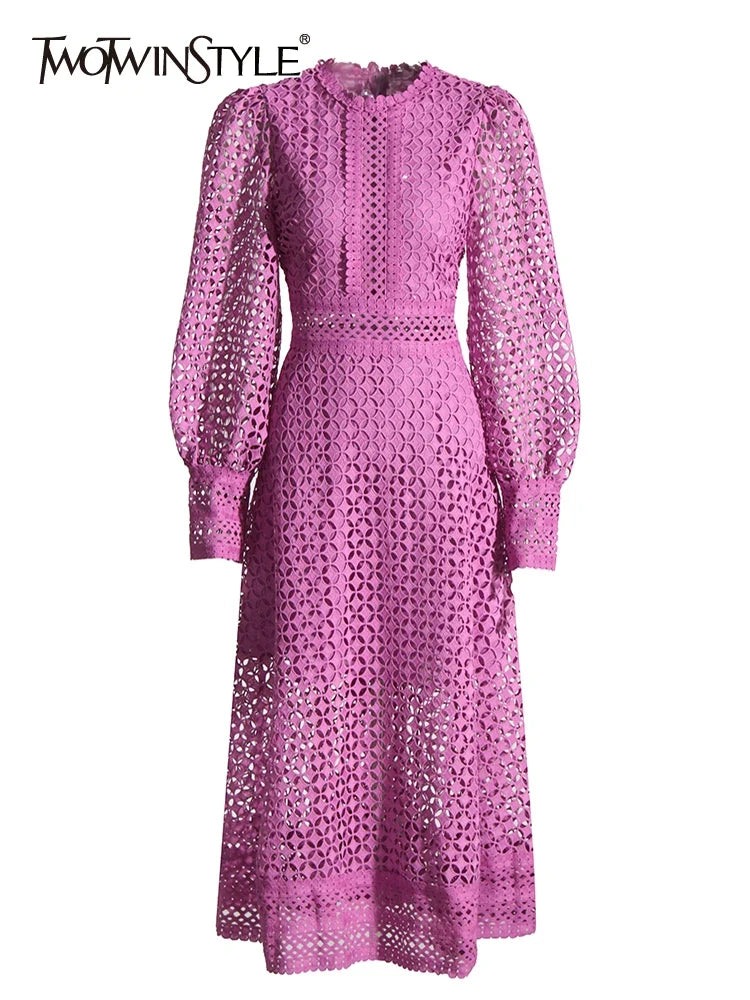 TWOTWINSTYLE Embroidery Cut Out Midi Dress For Women Round Neck Long Sleeve High Waist Solid Minimalist Dresses Female Clothing