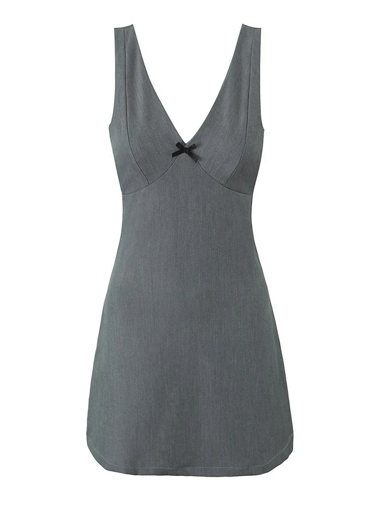 2024 Women Summer Vintage Slim Solid Mini Dress Fashion V-Neck  Sleeveless Backless Female Party Casual Chic Dresses Vestidos