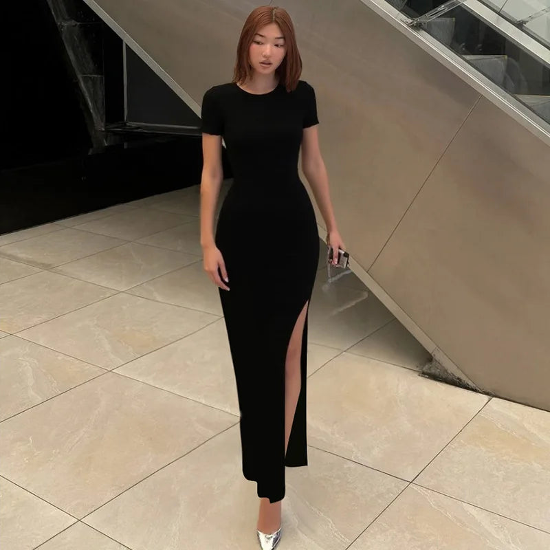 Cryptographic Round Neck Short Sleeve Sexy Bodycon Long Dress Summer Outfits for Women Casual Split Black Dresses Solid Clothes