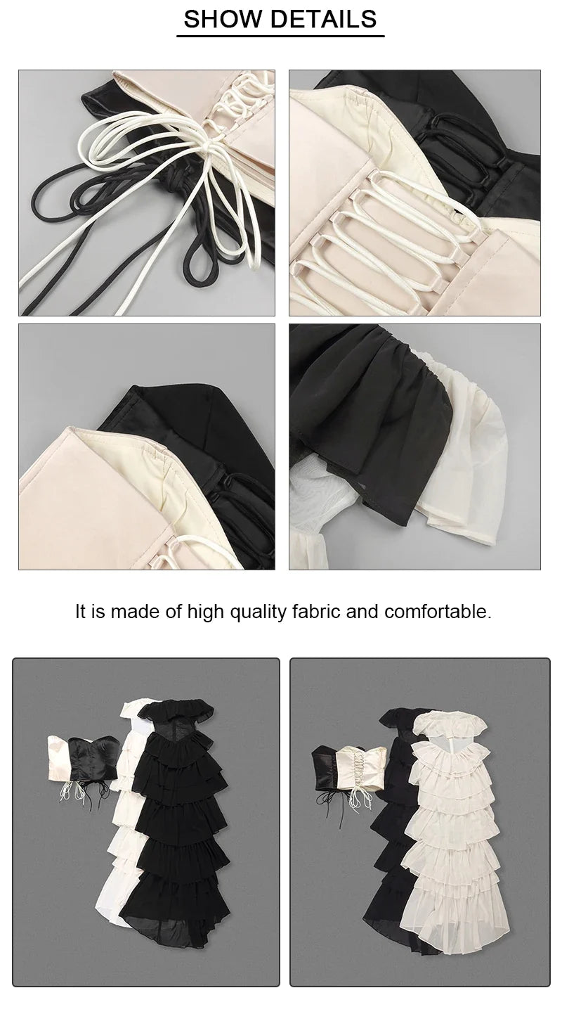 VC Sets For Women 2 Pieces Elegant And Pretty Lace-Up Corset And Slash Neck Long Cake Dress Set Chiffon Female Clothing
