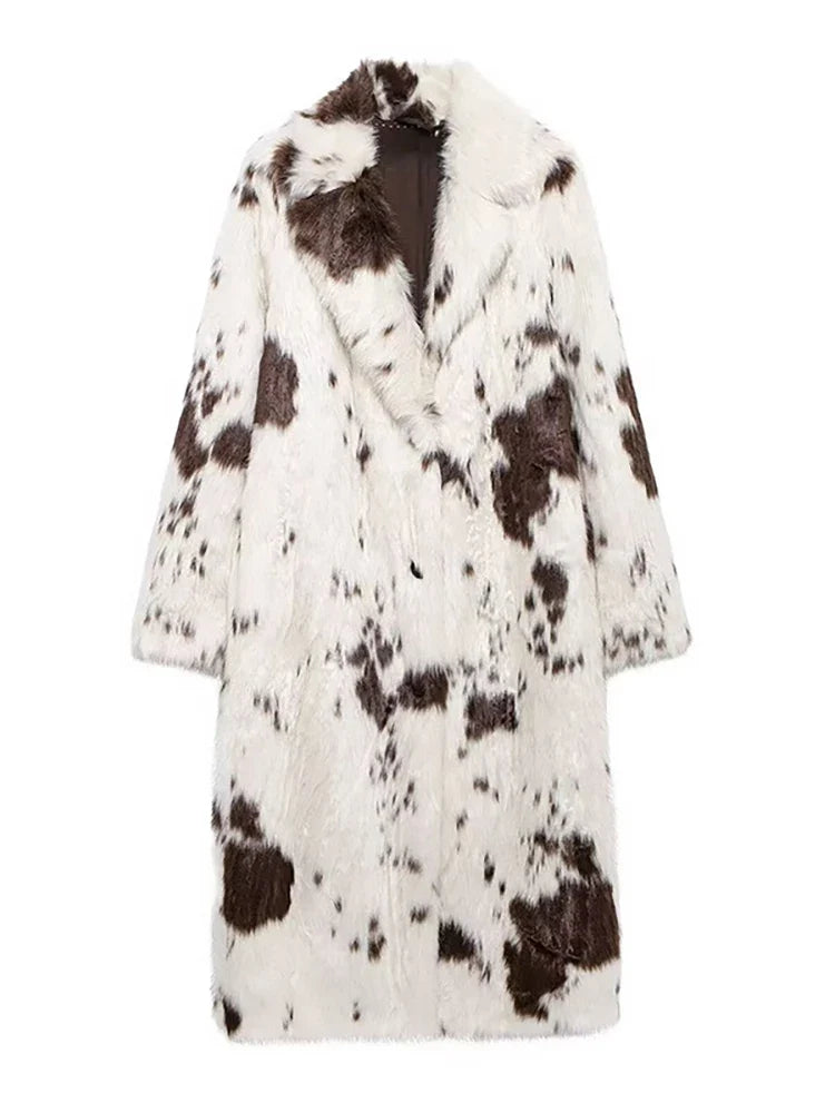 DEAT Fashion Tie Dye Faux Fur Coat Women's Lapel Loose Long Sleeves Plush Thick Overcoat Winter New 7A1355