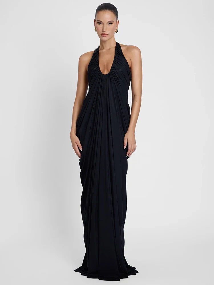 VC Black Halter Neck Backless Maxi Dress Women Deep V Neck Draped Elegant Evening Party Long Dress Summer Beach Gown Vestido