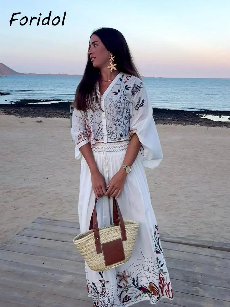 Foridol Marine Organism Embroidery Batwing Sleeve Summer Spring Maxi Skirt Set Cotton White Tassle Dress Set Outfits Button Suit