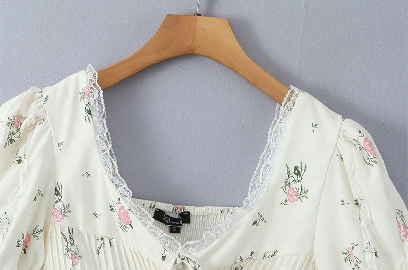 2024 Women Summer Vintage Floral Print Bow Tied Cropped Tank Tops Fashion V-Neck Short Sleeve Female Casual Chic Tops Vestidos