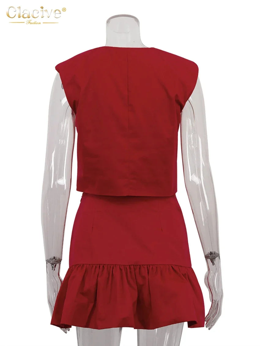 Clacive Summer Loose Red Cotton Women's Two Pieces Set 2025 Fashion Sleeveless Tank Top With High Waist Mini Skirt Set Female