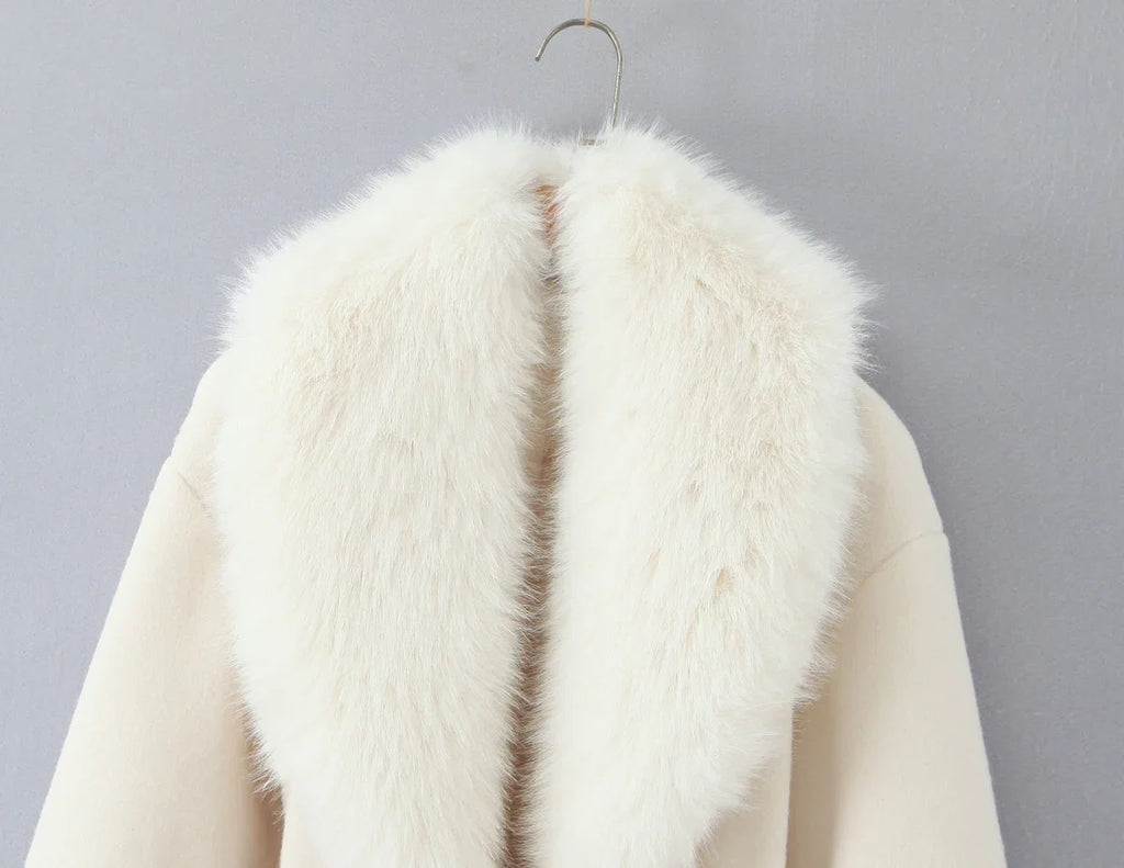 New Autumn Winter Black Shaggy Faux Fur Lapel Collar Woolen Coat Women Bow Sashes Long Sleeve No Button Midi Trench Outerwear