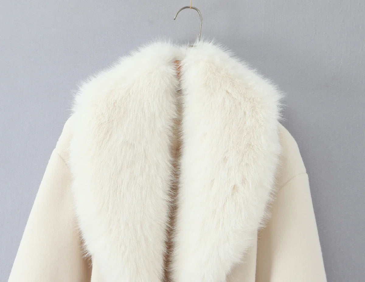 New Autumn Winter Black Shaggy Faux Fur Lapel Collar Woolen Coat Women Bow Sashes Long Sleeve No Button Midi Trench Outerwear