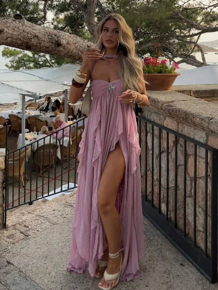 Sexy Halter Neck Folds Irregular Ruffles Long Dress Women Sleeveless Backless With Diamonds Stars Pin Dresses Party Beach Evenin