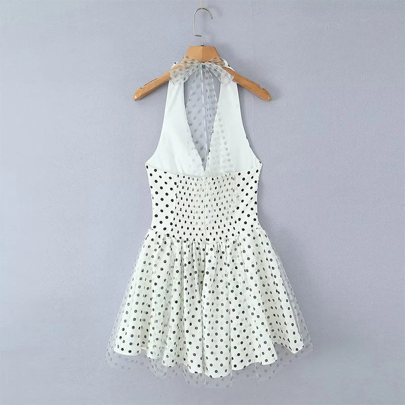 YENKYE Summer 2026 Women White Polka Dot Mini Dress Sexy Backless Halter Mesh Hem Beach Vacation Dresses French Style Robe