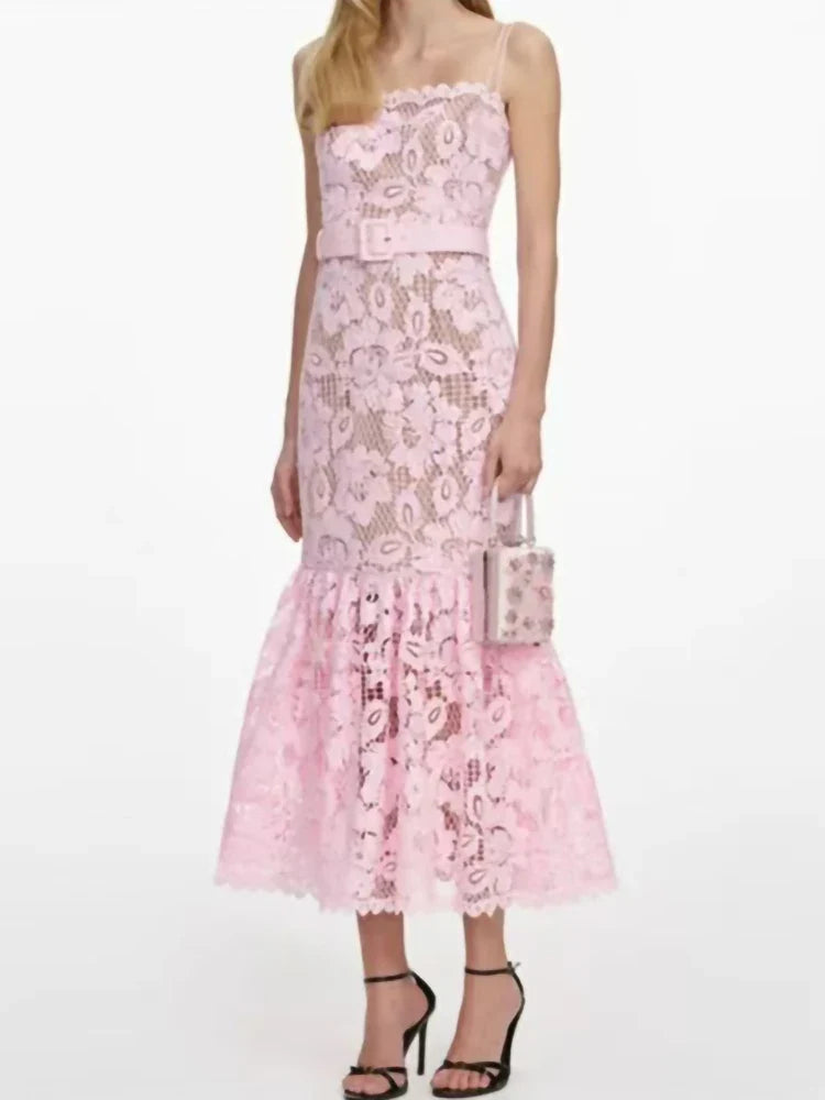 Spring Summer New Fashion Pink Water-soluble Lace Slip Dress Women Temperament slim Sleeveless Robe With Belt Ladies 2026