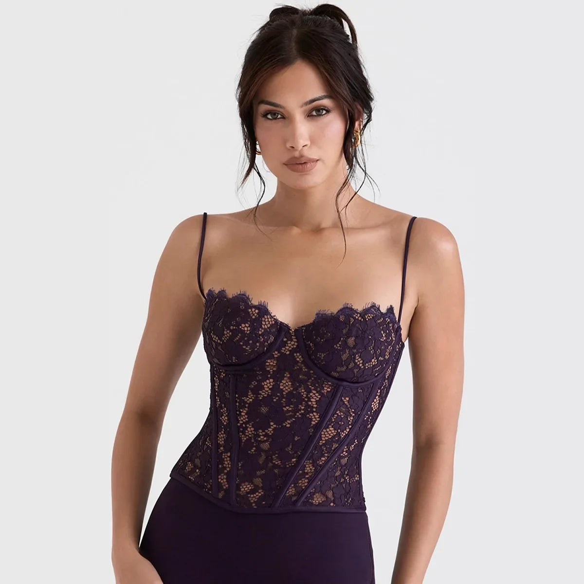 Suninheart Summer Purple Lace Corset Top Short Strappy Bustier Top Bodycon Cropped Top Club Party Clubwear Women