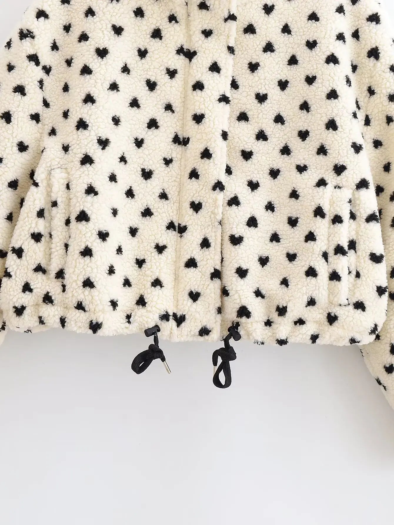 New Women Cute Heart Print Teddy Fleece Jacket Zipper Ladies Long Sleeve Winter Warm Coat